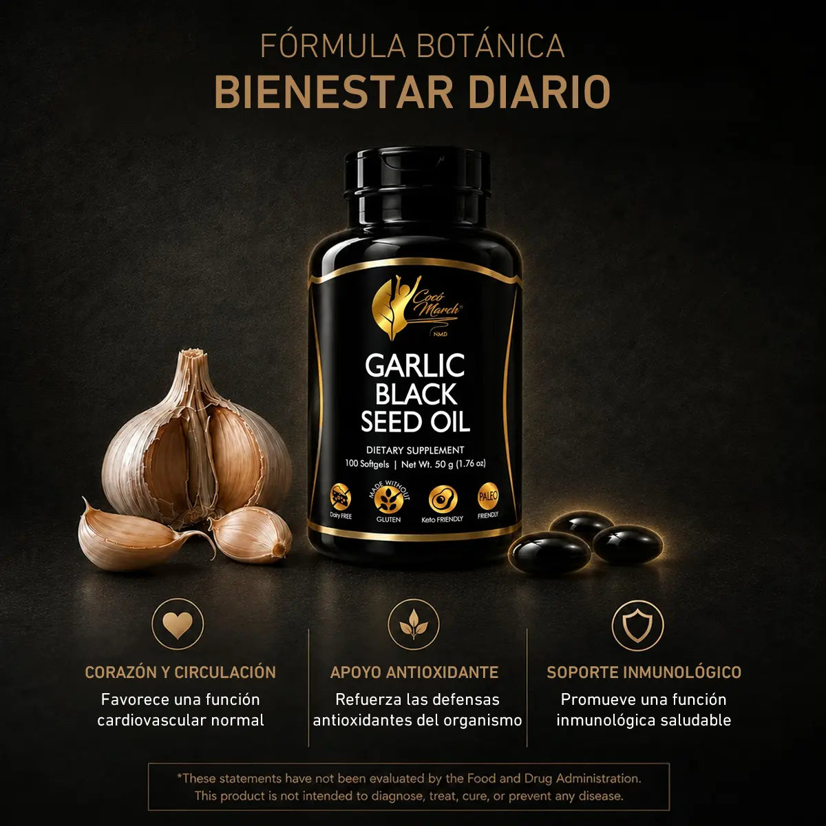 beneficios de garlic black seed oil de coco march