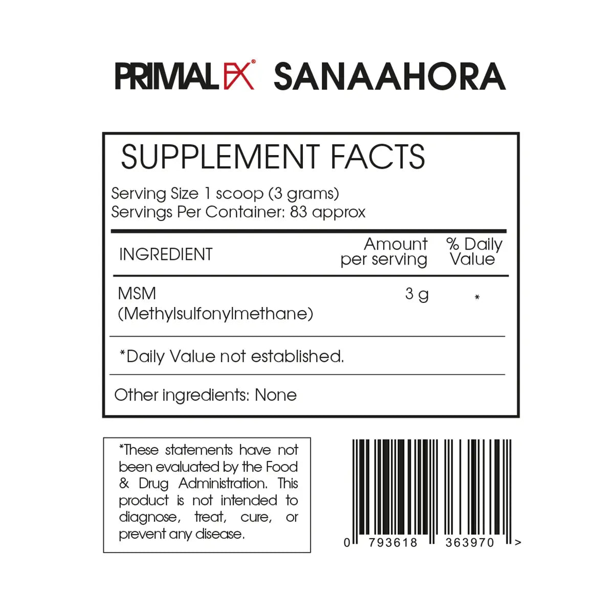 informacion nutricional de msm primal fx