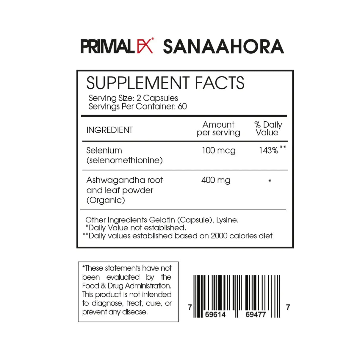 informacion nutricional de selenium primal fx